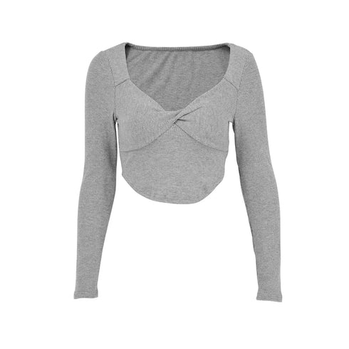 Sexy T-shirt Women Autumn New Solid Corset V-Neck Long Sleeves Crop Top Asymmetrical Fashion Streetwear Casual T-shirts Female